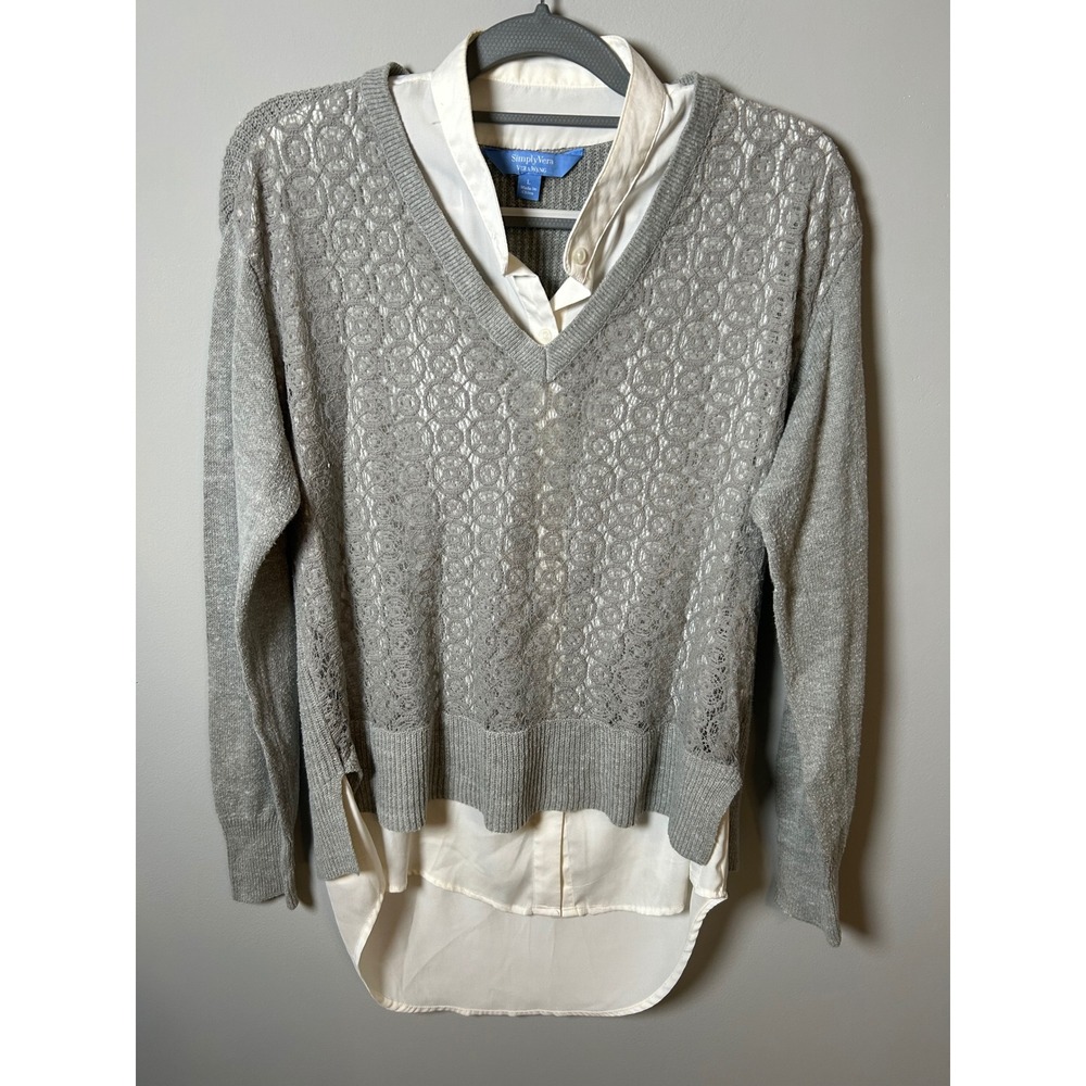 Simply Vera Vera‎ Wang Gray Layered Look V-Neck Sweater White Shirt Under Large
